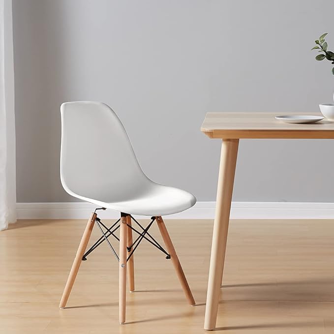 CangLong , Modern Mid-Century Side Chair with Natural Wood Legs for Kitchen, Living Dining Room, White - LeafyLoom