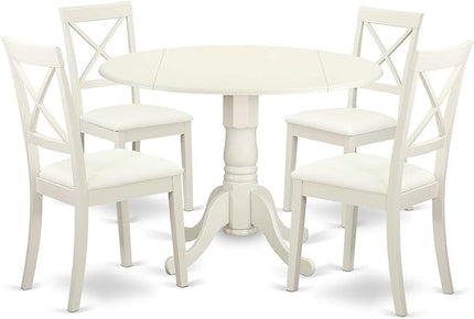 East West Furniture DLBO5-LWH-LC 5 Piece Dining Room Furniture Set Includes a Round Kitchen Table with Dropleaf and 4 Faux Leather Upholstered Dining Chairs, 42x42 Inch, Linen White - LeafyLoom