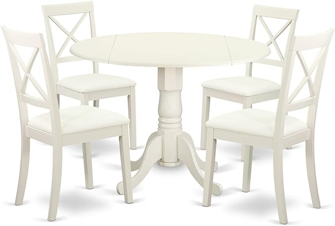 East West Furniture DLBO5-LWH-LC 5 Piece Dining Room Furniture Set Includes a Round Kitchen Table with Dropleaf and 4 Faux Leather Upholstered Dining Chairs, 42x42 Inch, Linen White - LeafyLoom
