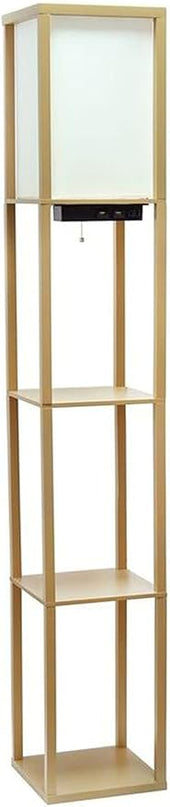 Simple Designs LF1037-TAN Floor Lamp Etagere Organizer Storage Shelf with 2 USB Charging Ports, 1 Charging Outlet and Linen Shade, Tan - LeafyLoom