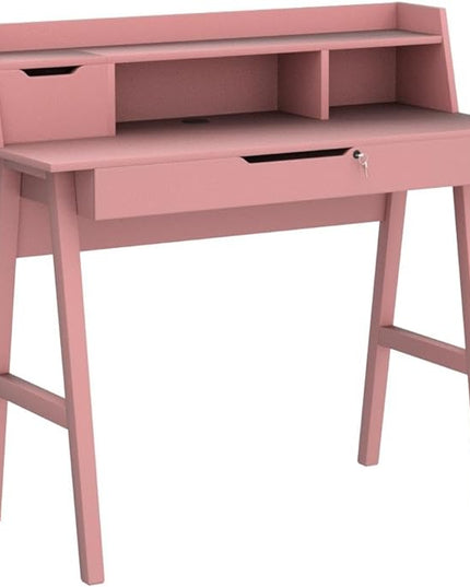 Roma Writing Desk - Elegant Wood Study Desk With Storage, Cable Holes & Drawers - Work Table for Home, Office, Dorm, Small Spaces - Compact Black Desk, 40x19x36.9” (pink) - LeafyLoom