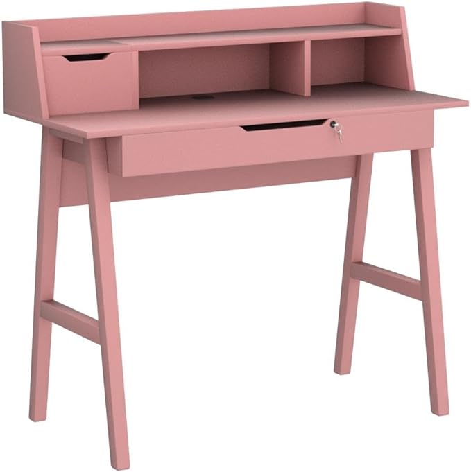Roma Writing Desk - Elegant Wood Study Desk With Storage, Cable Holes & Drawers - Work Table for Home, Office, Dorm, Small Spaces - Compact Black Desk, 40x19x36.9” (pink) - LeafyLoom