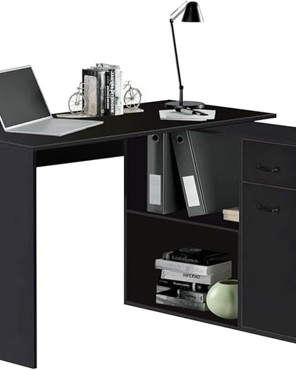 L-Shaped Rotating Computer Desk with Storage Shelves 68 inch Home Office Desk Corner with Drawers and File Cabinet Multipurpose Study Writing Table for Bedroom Small Space Black - LeafyLoom