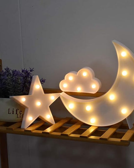GUOCHENG Lovely White Moon Star Cloud Light Set Battery Operated LED Marquee Light Sign Warm White Bedside Lamps for Kids Children Bedroom Nursery, Baby Standing Night Light - LeafyLoom