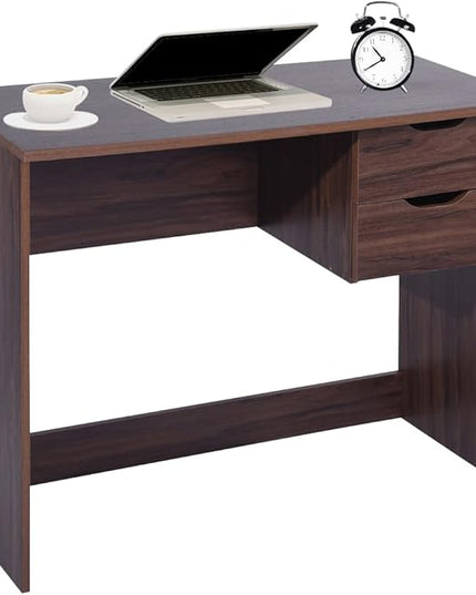 Home Office Computer Desk, 35.4" Small Study Writing Table, with Storage Drawers, Modern Teen Student Adult PC Table Desk, Walnut - LeafyLoom