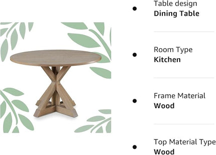 Finch Alfred Round Solid Wood Rustic Dining Table for Farmhouse Kitchen Room Decor, Wooden Trestle Pedestal Base, 46.5" Wide Circular Tabletop, Distressed Beige, 47 in x 47 in x 29.2 in - LeafyLoom
