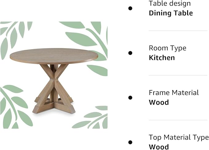 Finch Alfred Round Solid Wood Rustic Dining Table for Farmhouse Kitchen Room Decor, Wooden Trestle Pedestal Base, 46.5" Wide Circular Tabletop, Distressed Beige, 47 in x 47 in x 29.2 in - LeafyLoom