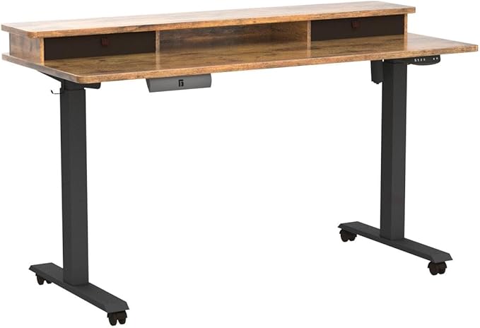 FEZIBO 60 x 24 Inch Height Adjustable Electric Standing Desk with Double Drawer, Stand Up Desk with Storage Shelf, Sit Stand Desk, Rustic Brown - LeafyLoom
