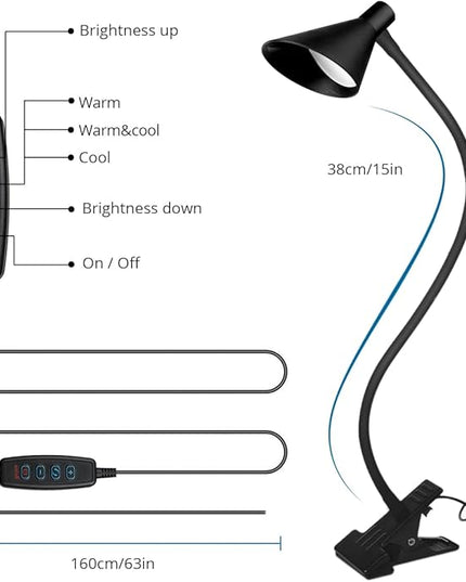 Semlos LED Reading Light, Clamp Lamp 3 Color Modes 5 Brightness, Clip Ligh for Desk Bedside Table, 5W USB Powered, Flexible Arm(Black) - LeafyLoom