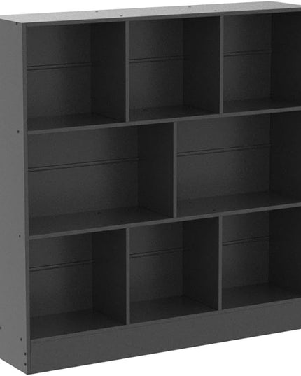 YAHARBO Black Wide Bookshelf,3 Tier Modern Horizontal Bookcase,Wood Low Bookshelves Display Storage Cabinet with Base,Floor Standing 8 Cube Large Bookcases Organizer for Bedroom,Living Room,Office - LeafyLoom