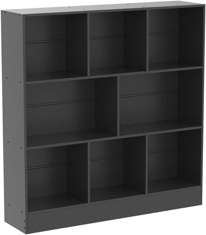 YAHARBO Black Wide Bookshelf,3 Tier Modern Horizontal Bookcase,Wood Low Bookshelves Display Storage Cabinet with Base,Floor Standing 8 Cube Large Bookcases Organizer for Bedroom,Living Room,Office - LeafyLoom