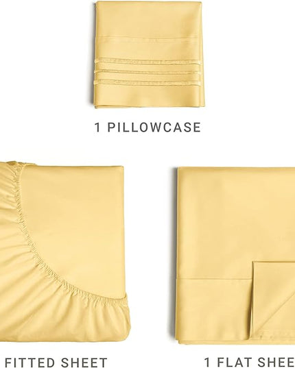 Twin Size 3 Piece Sheet Set - Comfy Breathable & Cooling Sheets - Hotel Luxury Bed Sheets for Women & Men - Deep Pockets, Easy-Fit, Extra Soft & Wrinkle Free Sheets - Yellow Oeko-Tex Bed Sheet Set - LeafyLoom