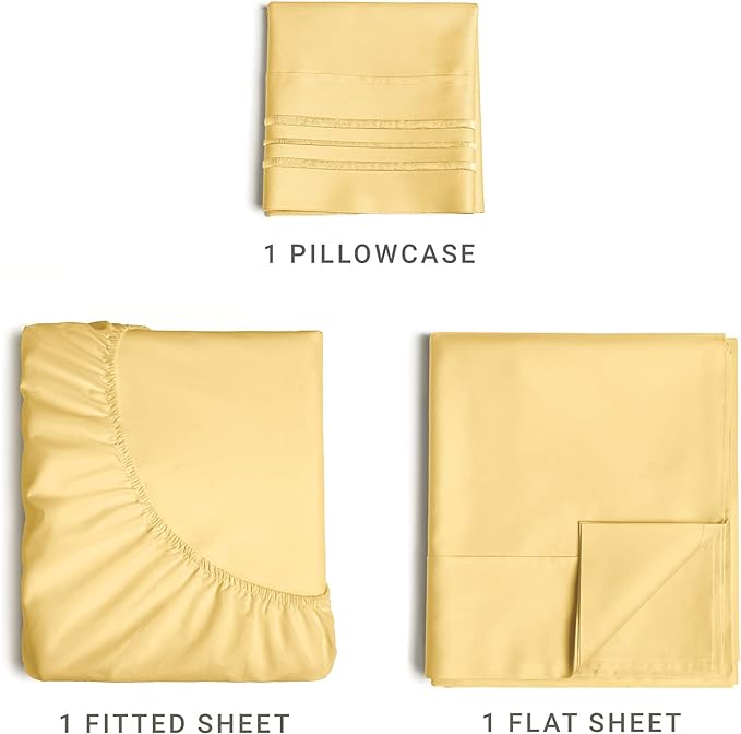 Twin Size 3 Piece Sheet Set - Comfy Breathable & Cooling Sheets - Hotel Luxury Bed Sheets for Women & Men - Deep Pockets, Easy-Fit, Extra Soft & Wrinkle Free Sheets - Yellow Oeko-Tex Bed Sheet Set - LeafyLoom