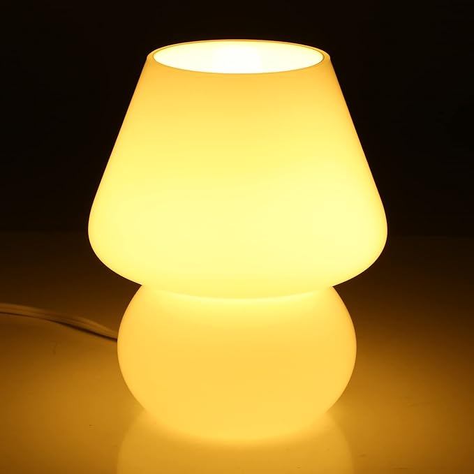 BSOD Mushroom lamp,Glass Mushroom Bedside Table Lamp Translucent Murano Vintage Style Striped Small Nightstand Desklamp Swirl Light for Home Decor, Dining, Living, Bedroom, Gift (Matte White) - LeafyLoom