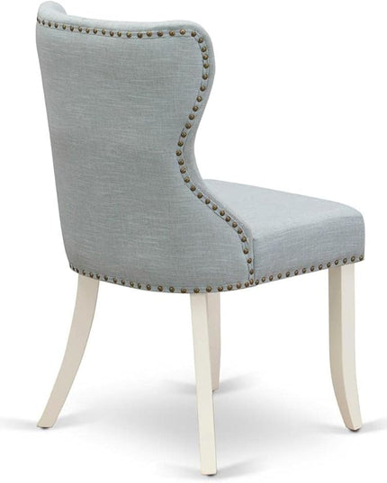 East West Furniture SIP2T15 Sion Parson Kitchen Button Tufted Nailhead Trim Baby Blue Fabric Upholstered Dining Chairs, Set of 2, Linen White - LeafyLoom