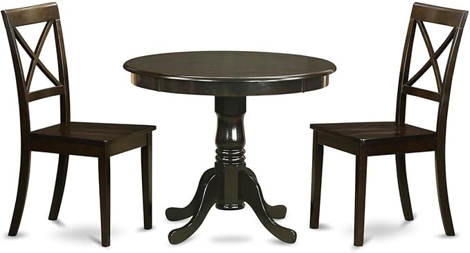 East West Furniture ANBO3-CAP-W 3 Piece Room Furniture Set Contains a Round Dining Table with Pedestal and 2 Wood Seat Chairs, 36x36 Inch - LeafyLoom