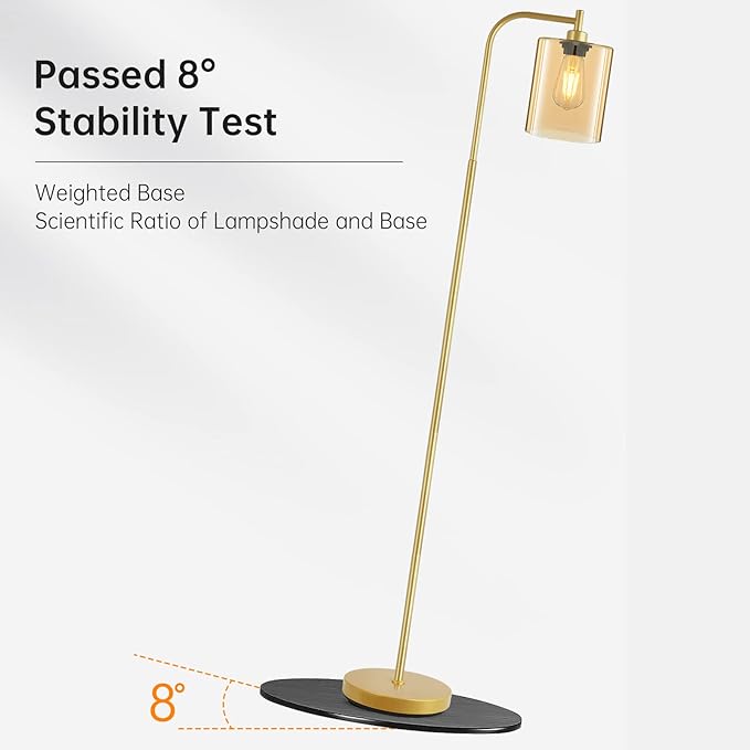Industrial Floor Lamp, Gold Standing Lamp with Gold Glass Lampshade, 6W LED Bulb Included, Modern Floor Lamp with Foot Switch, Bright LED Floor Lamp for Living Room and Bedroom, Office, Simple Style - LeafyLoom