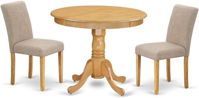 East West Furniture ANAB3-OAK-04 3 Piece Dinette Set for Small Spaces Contains a Round Dining Table with Pedestal and 2 Light Tan Linen Fabric Upholstered Chairs, 36x36 Inch - LeafyLoom