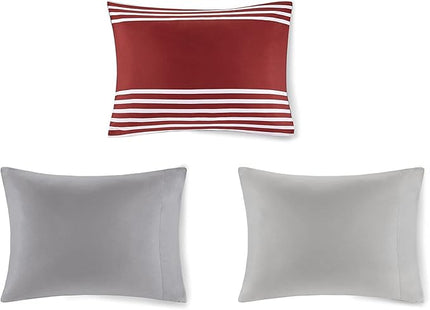 Comfort Spaces Twin Comforter Sets with Sheets - Bed in a Bag 6 Pieces Teen Bedding Sets Twin, Red and Grey Stripes Bedding Twin, College Twin Bed Set with 2 Side Pockets Bedroom Organizer - LeafyLoom