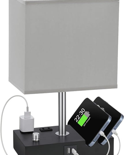 Kakanuo Table Lamp for Bedroom with Dual USB Ports, Grey Fully Dimmable Bedside Lamp with Phone Stands and 2 Charging Outlets, Desk Lamp for Nightstand and Living Room, LED Bulb Included - LeafyLoom