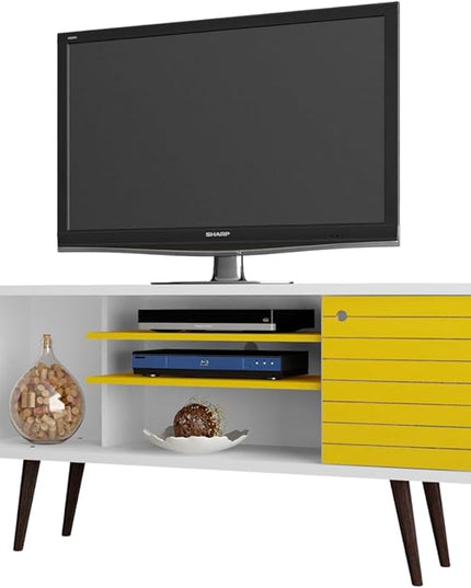 Manhattan Comfort Liberty Mid Century Modern TV Stand for Televisions up to 50 Inches, Bedroom and Living Room Entertainment Center with Storage, Shelves, and Cabinet, 53" Wide, White/Yellow - LeafyLoom