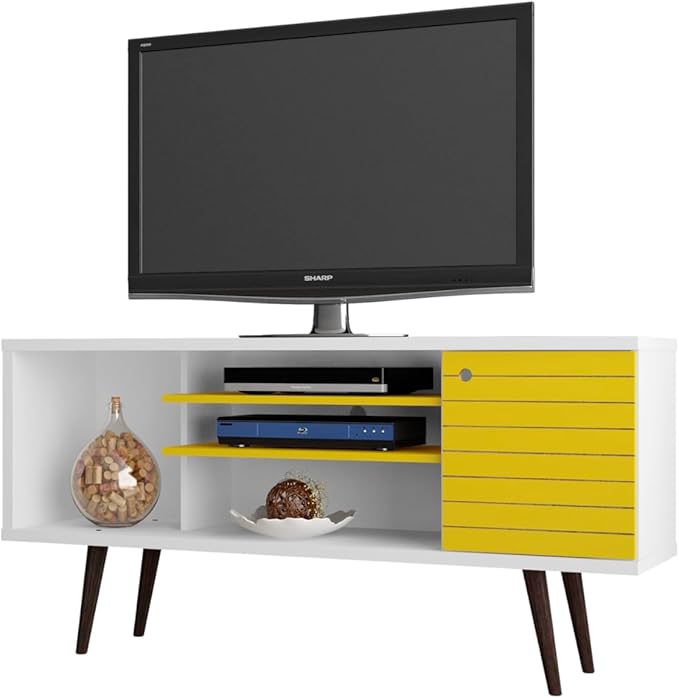 Manhattan Comfort Liberty Mid Century Modern TV Stand for Televisions up to 50 Inches, Bedroom and Living Room Entertainment Center with Storage, Shelves, and Cabinet, 53" Wide, White/Yellow - LeafyLoom