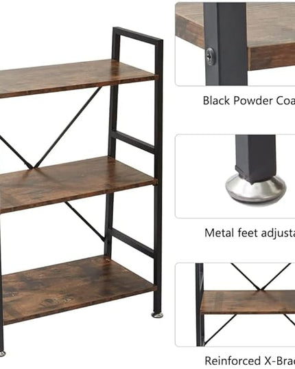 TooCust 3 Tier Open Book Shelf, 37" x 23" x 10.8" 3 Tier Wood Bookshelf, 3 Shelf Bookcase, Vintage Standing Metal Frame Book Shelves, Rustic Brown - LeafyLoom