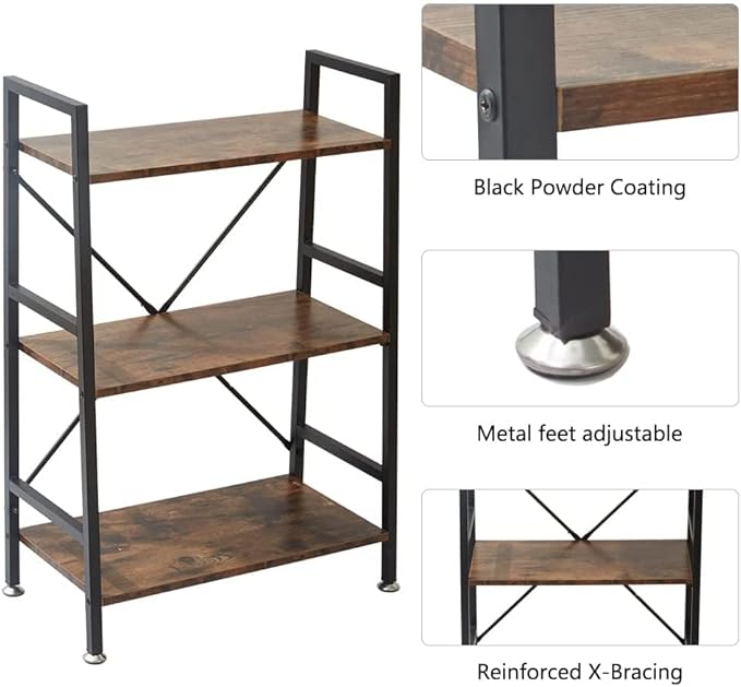TooCust 3 Tier Open Book Shelf, 37" x 23" x 10.8" 3 Tier Wood Bookshelf, 3 Shelf Bookcase, Vintage Standing Metal Frame Book Shelves, Rustic Brown - LeafyLoom