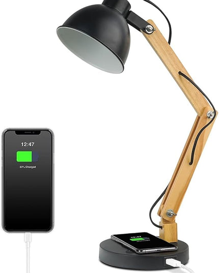 ELINKUME LED Desk Working Lamp with Charging(Wireless/USB-A/Typ-C),Wood Swing Arm Table Bedside Lamp, Black Metal Lampshade,Vintage Reading Light for Office,Study,Bedroom,Living Room(Excluding Bulb) - LeafyLoom
