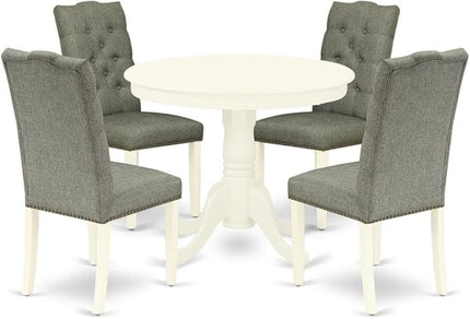 East West Furniture ANEL5-LWH-07 Antique 5 Piece Kitchen Set for 4 Includes a Round Dining Room Table with Pedestal and 4 Gray Linen Fabric Upholstered Parson Chairs, 36x36 Inch - LeafyLoom