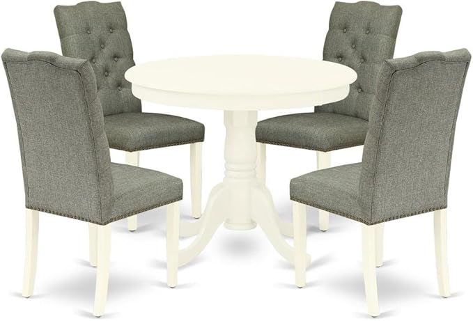 East West Furniture ANEL5-LWH-07 Antique 5 Piece Kitchen Set for 4 Includes a Round Dining Room Table with Pedestal and 4 Gray Linen Fabric Upholstered Parson Chairs, 36x36 Inch - LeafyLoom