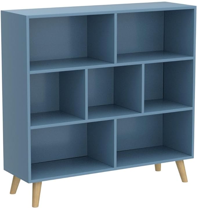 IOTXY Wooden Open Shelf Bookcase - 3-Tier Floor Standing Display Cabinet Rack with Legs, 7 Cubes Bookshelf, Bright Blue - LeafyLoom