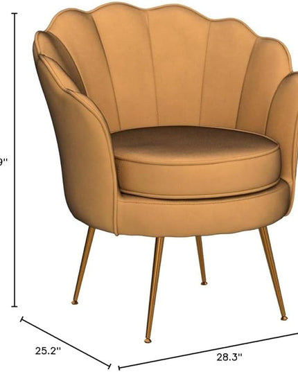 Velvet Barrel Accent Chair with Scalloped Silhouette and Gold Metal Legs, Decorative Piece Suitable for Traditional, Modern, and Contemporary Spaces, Mustard Yellow - LeafyLoom