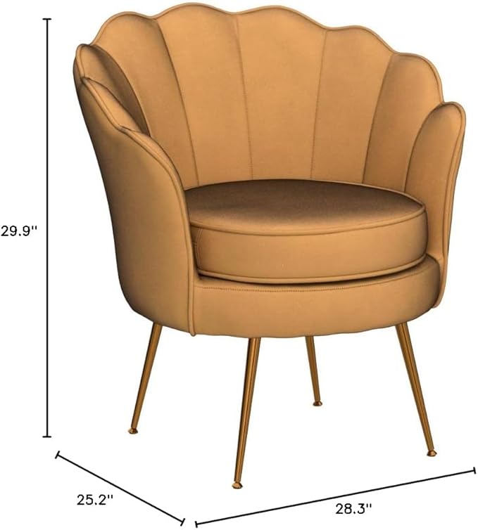 Velvet Barrel Accent Chair with Scalloped Silhouette and Gold Metal Legs, Decorative Piece Suitable for Traditional, Modern, and Contemporary Spaces, Mustard Yellow - LeafyLoom