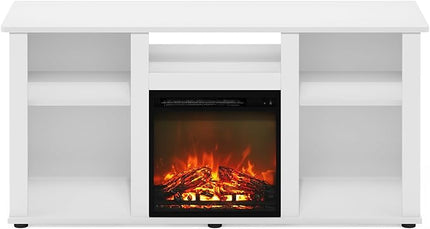 Furinno Jensen Fireplace TV Entertainment Center with Open Storage Compartment for TV up to 55 Inch, Solid White - LeafyLoom