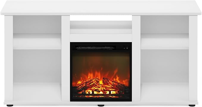 Furinno Jensen Fireplace TV Entertainment Center with Open Storage Compartment for TV up to 55 Inch, Solid White - LeafyLoom