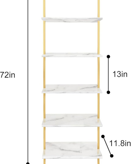 aboxoo Ladder Shelf White Marble Bookshelf 5-Tier Wall-Mounted Wood Rack Industrial Modern Plant Flower Stand Utility Organizer Open Bookcase Metal Frame Furniture Office Kitchen Bedroom - LeafyLoom