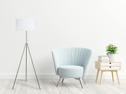 O’Bright Tripod Floor Lamp, Adjustable in Height, 100% Metal Body with Linen Drum Shade, E26 Socket, Bedside Lamp, Standing Light for Living Room, Bedroom, Office, Brushed Nickel - LeafyLoom