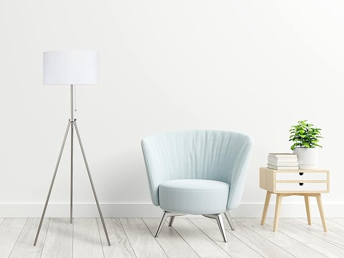 O’Bright Tripod Floor Lamp, Adjustable in Height, 100% Metal Body with Linen Drum Shade, E26 Socket, Bedside Lamp, Standing Light for Living Room, Bedroom, Office, Brushed Nickel - LeafyLoom