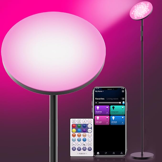 Smart RGB Floor Lamp 24W/2000LM Standing Bright Tall LED Sky Floor Lamp with Remote Dimmable Color Changing Modern Black Pole Touch Control Torchiere Stand Up Lamp Warm for Living Room Bed Room Office - LeafyLoom
