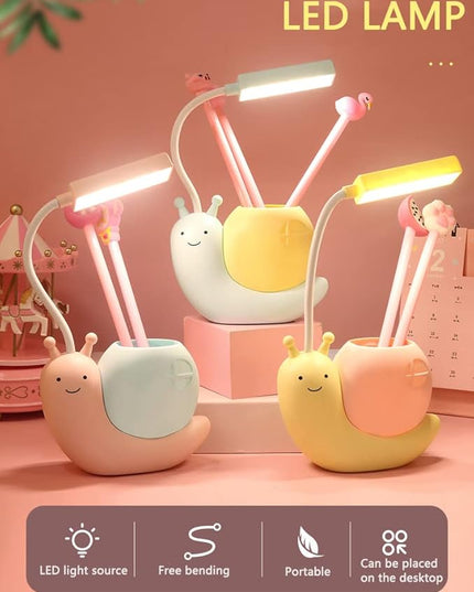 Cute Kids Lamp with Pen Holder,LED Desk Lamp for Child,Snail Shape USB Charging Student Learning Eye Protection Lamp with 360° Bendable Adjustable Neck Pink - LeafyLoom