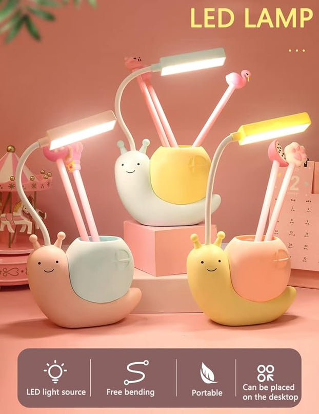 Cute Kids Lamp with Pen Holder,LED Desk Lamp for Child,Snail Shape USB Charging Student Learning Eye Protection Lamp with 360° Bendable Adjustable Neck Yellow - LeafyLoom