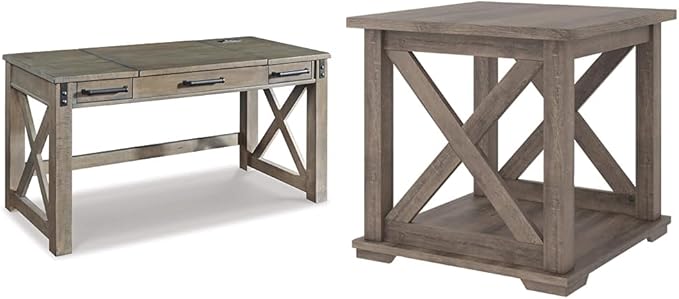 Signature Design by Ashley Aldwin Rustic Farmhouse 60" Home Office Lift Top Desk with Charging Ports, Distressed Gray & Arlenbry End Table, Gray - LeafyLoom