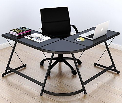 SHW Gaming Desk Computer L-Shape Corner Studio Table, Black, Glass Top - LeafyLoom