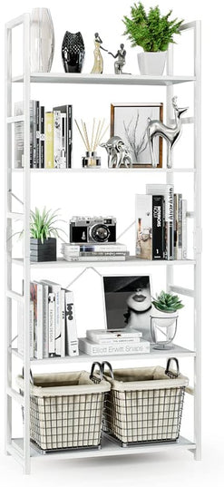 NUMENN 5 Tier Bookshelf, Tall Bookcase Shelf Storage Organizer, Modern Book Shelf for Bedroom, Living Room and Home Office, White - LeafyLoom