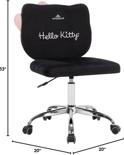 Impressions Vanity Hello Kitty Kawaii Swivel Vanity Chair for Makeup Room, Adjustable Height Cute Desk Chair with Wheels Rolling, Comfy Polyurethane Foam Back Armless Chair for Dorm (Black) - LeafyLoom
