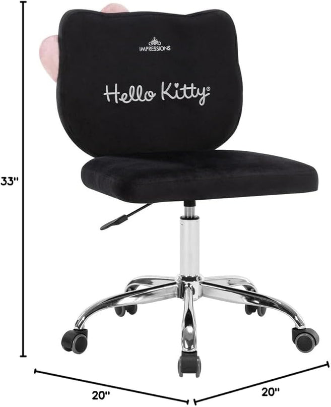 Impressions Vanity Hello Kitty Kawaii Swivel Vanity Chair for Makeup Room, Adjustable Height Cute Desk Chair with Wheels Rolling, Comfy Polyurethane Foam Back Armless Chair for Dorm (Black) - LeafyLoom