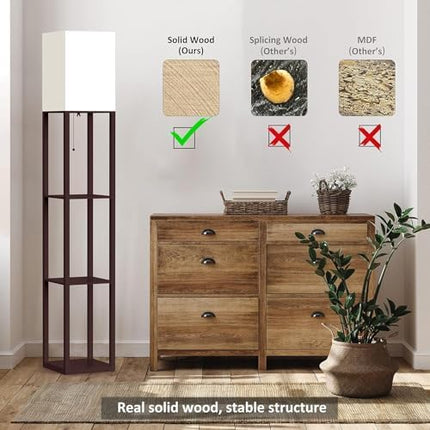 PAZZO Floor Lamp with Shelves by Solid Wood, Modern Shelf Floor Lamp with 3 Color Temperature, Linen Lampshade and Storage Shelves for Living Room, Bedroom, Bulb Included(Brown) - LeafyLoom