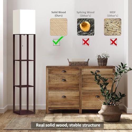 PAZZO Floor Lamp with Shelves by Solid Wood, Modern Shelf Floor Lamp with 3 Color Temperature, Linen Lampshade and Storage Shelves for Living Room, Bedroom, Bulb Included(Brown) - LeafyLoom