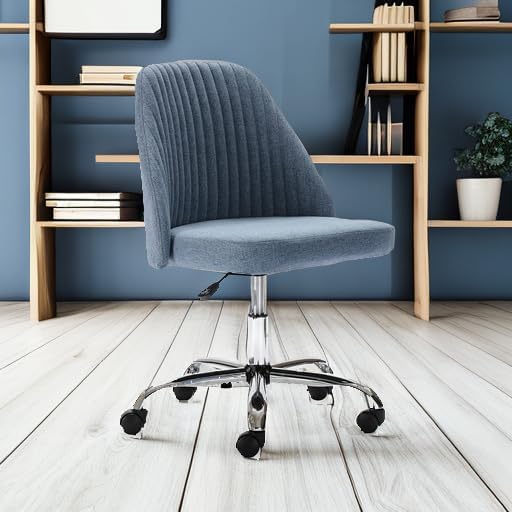 HOMEFLA Home Office Modern Linen Swivel Task Upholstered Fabric Desk Chair Armless with Wheels, Middle, Blue - LeafyLoom